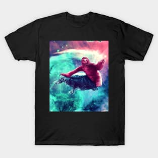 Crazy Funny Space Sloth Riding On Turtle T-Shirt